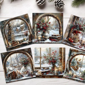 May include: Six square Christmas cards with winter scenes. Each card features a window with a view of a snowy landscape, a vase of red berries, and a stack of books. The cards are decorated with a rustic wooden frame and a warm glow.