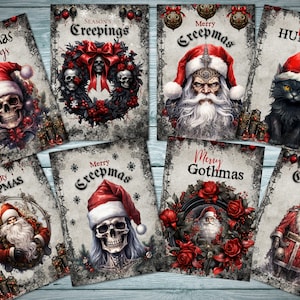8 etiquetas góticas de Natal Santa ATC/Toppers para fazer cartões de presente Tags Creepmas Cards