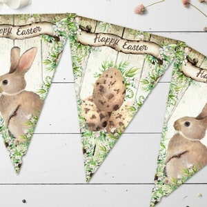 May include: A set of three triangular bunting flags with a rustic woodgrain background. Each flag features a brown bunny rabbit, green foliage, and the text "Happy Easter".