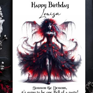 Personalisierte rote und schwarze Gothic Demon Fee Geburtstagskarte & roter Umschlag - Größe wählen