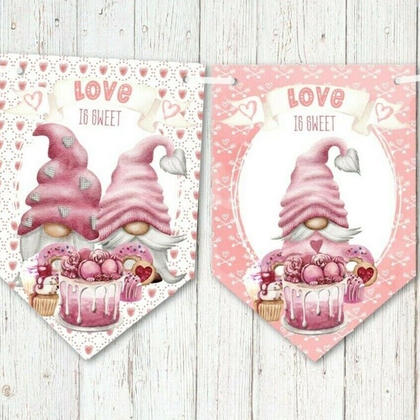 Love is Sweet Pink Gnome Valentine Banner Bunting Wedding Engagement Decoration