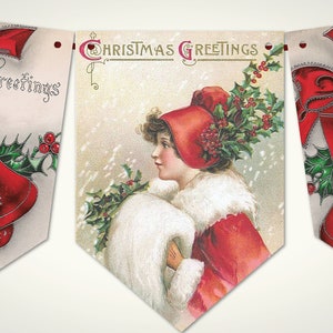 Traditional Vintage &#39;Christmas Greetings&#39; Christmas Bunting/Banner & Ribbon