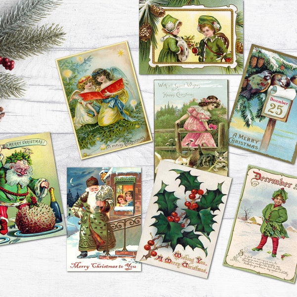 8 Vintage Retro Green Santa Victorian Christmas Card Style ATC Tags/Toppers