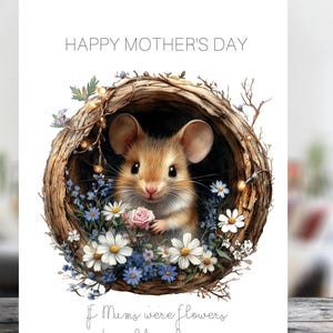 Cartão de felicitações para o dia das mães com rato do campo em estilo rústico e envelope branco - sua própria mensagem impressa dentro
