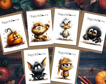 Set of 6 Novelty Halloween Greetings Cards & Kraft Brown Envelopes