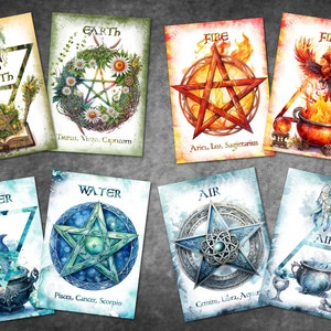 May include: Set of six illustrated cards depicting the four elements of earth, water, fire, and air. Each card features a pentagon with a star inside, surrounded by symbols and imagery representing the element. The cards also include the zodiac signs associated with each element.
