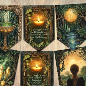 Pode incluir: Uma faixa com 8 imagens diferentes de uma cena de floresta com velas, cristais e um cálice. A faixa tem uma citação em cada imagem. As citações são sobre a natureza, a luz e a felicidade.  "Que seus problemas sejam menores, Suas bênçãos maiores, E nada além da felicidade entre pela sua porta."