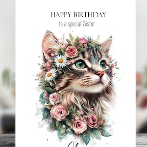 Floral Cat Personalised Glossy Birthday Card with Kraft Envelope - Choose Size
