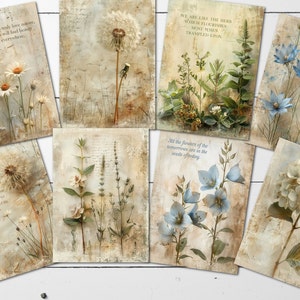 8 cartes de style vintage fleurs sauvages minables, tons neutres, étiquettes, embellissements