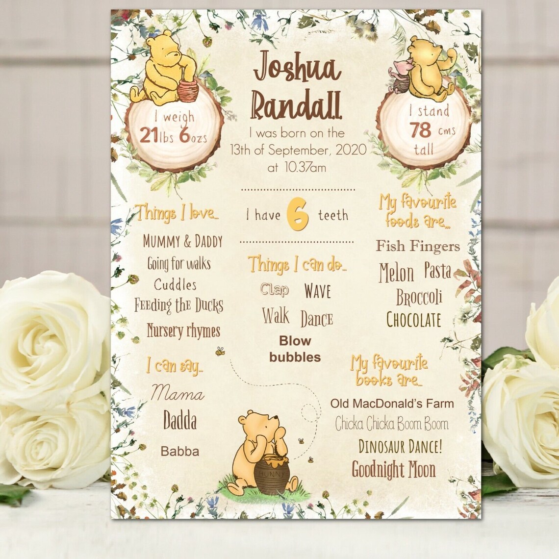Winnie the Pooh Milestone First Year Print Sign - Birthday, Christening ...
