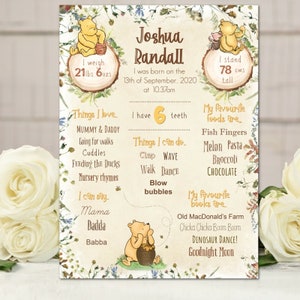 Placa impressa do primeiro ano do marco do Winnie the Pooh - aniversário, batizado, berçário