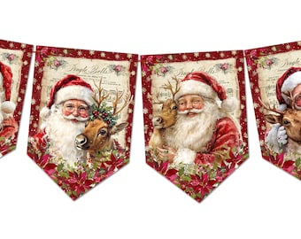 Puede incluir: Una festiva guirnalda navideña con Papá Noel y un reno. Cada banderín tiene un borde rojo con detalles de copos de nieve blancos. Papá Noel lleva un traje y gorro rojos, con barba blanca. El fondo presenta partituras y flores de pascua.