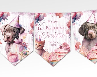 Personalised Puppies & Kittens Birthday Bunting - Pink Girl's Party Decoration