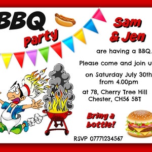 May include: A colorful invitation to a BBQ party hosted by Sam & Jen. The invitation features a cartoon chef running away from a flaming grill, a hot dog, a hamburger, and a banner of colorful flags. The party is on Saturday, July 30th at 4:00 pm at 78 Cherry Tree Hill, Chester, CH56 5BT. The RSVP number is 07771234567.