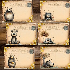 May include: Set of six vintage-style postcards featuring adorable cartoon bears. Each postcard has a unique bear illustration, with honeycombs and bees. The postcards have a distressed, aged appearance, with the words "Post Card" printed on them.