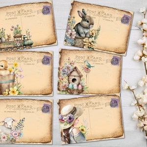 6 cartões postais de Páscoa Primavera Animais Floral Vintage Estilo Tatty