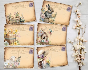 6 cartes postales de Pâques Animaux printaniers Floral vintage Tatty Style