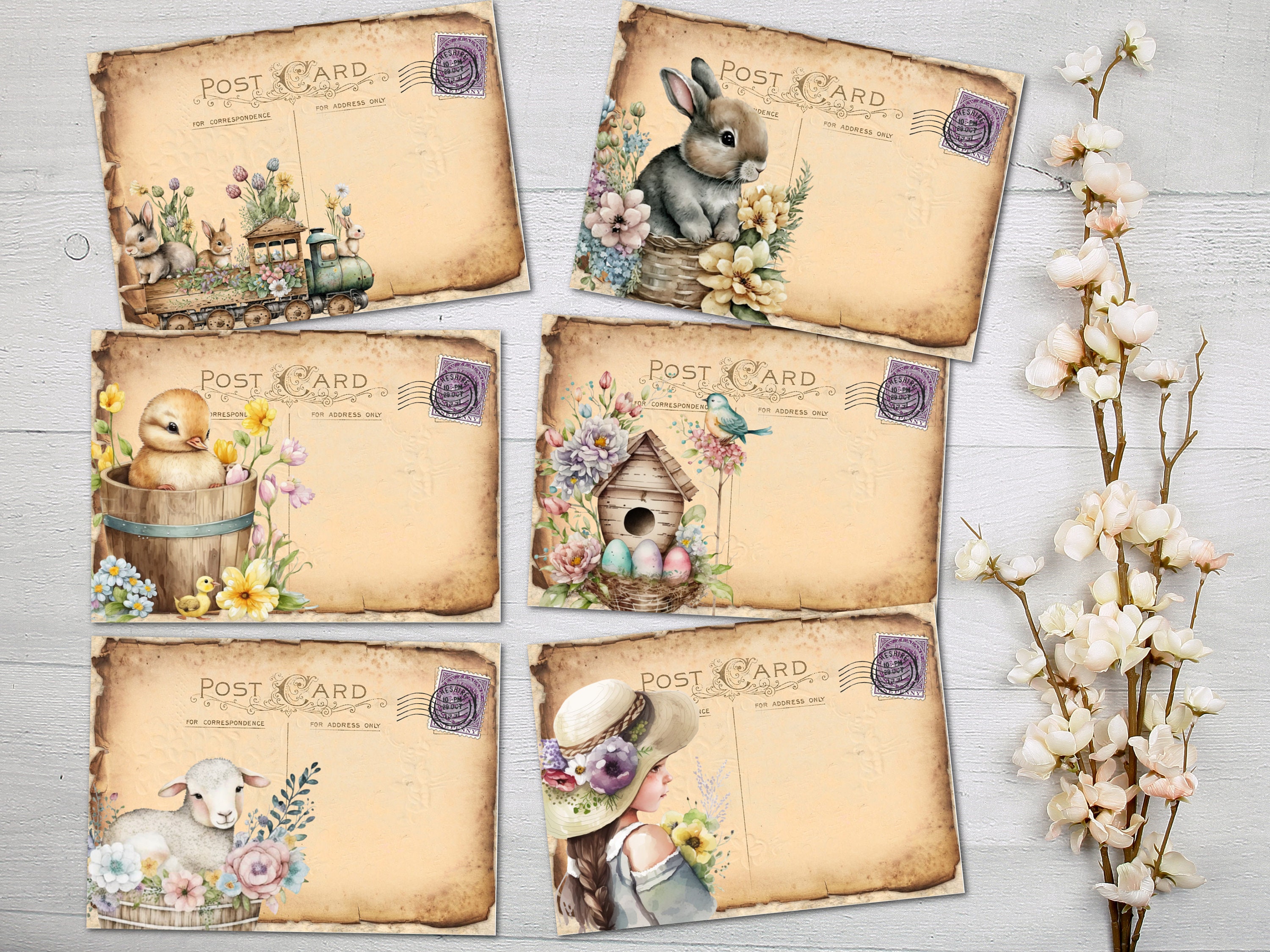 6 Ostern Postkarten Frühling Tiere Blumen Vintage Tatty Style