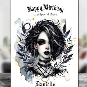 Carte d'anniversaire personnalisée sur papier glacé gothique fille - taille et destinataire au choix