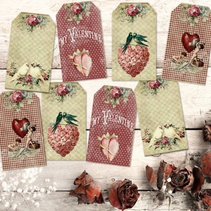 8 Vintage Victorian Style Valentines Themed Gift Tags & Ribbon