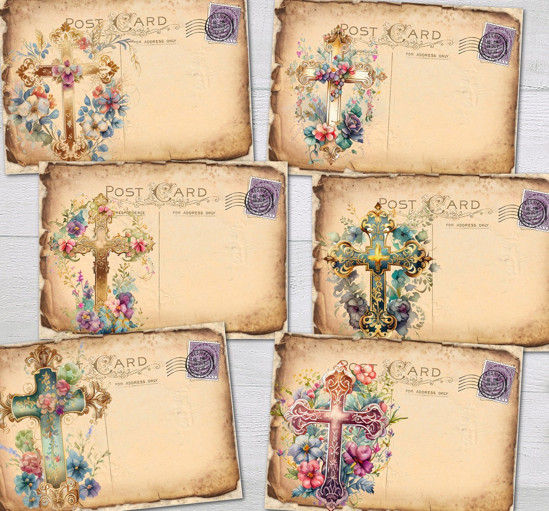 6 Spring Easter Floral Cross Post Cards Vintage Tatty Style - Etsy
