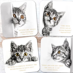 Set of 4 Cute Kitten Glossy Drinks Tea Coffee Coasters With Cat Quotes
