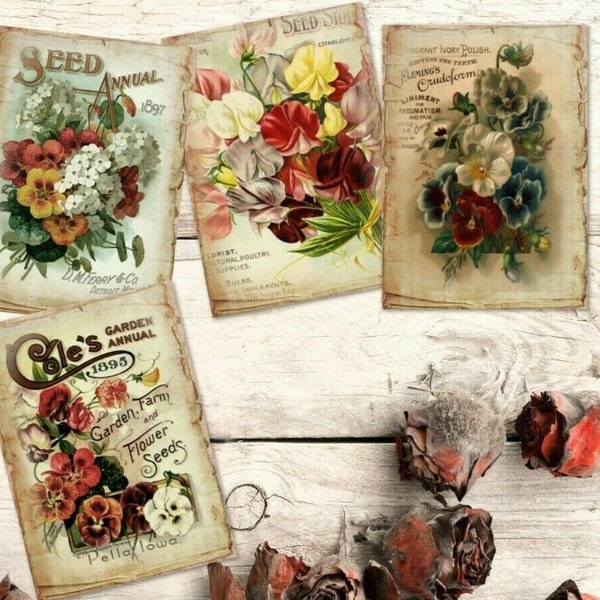 9 Vintage Flower Seed Catalogue ATC Cards Tags Embellishments