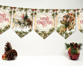 Puede incluir: Una festiva guirnalda navideña con banderas en forma de banderín. Cada bandera presenta un diseño vintage con acebo, notas musicales y las palabras "Merry Christmas" en escritura roja. La guirnalda incluye imágenes de Papá Noel y carruajes.