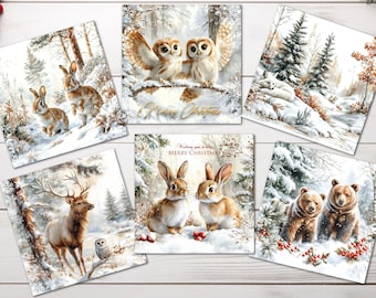 May include: Set of six square Christmas cards featuring winter scenes with animals. The cards depict rabbits, owls, deer, and bears in snowy landscapes. Each card has a watercolor style with a festive theme.
