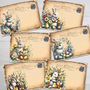 6 Postcards Bunnies & Foil Easter Eggs Vintage Tatty Style With/Without Envelopes