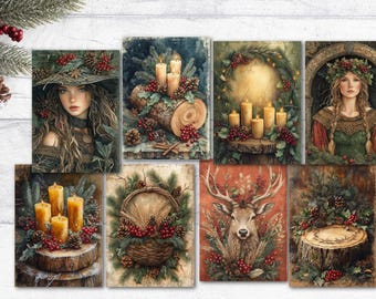 8 décorations de cartes/étiquettes de Noël rustiques wicca païennes, carnets de fabrication de cartes (lot B)