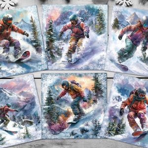 6 Verschneite Berglandschaft Snowboarders Weihnachtskarte Toppers Dekorationen