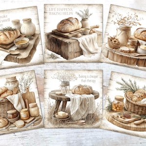 Może przedstawiać: Sześć akwarelowych wydruków z wypiekami. Każdy wydruk przedstawia chleb, słoiki i drewniane elementy. Tekst zawiera "Bakers make the world smell better" i "All you knead is love."