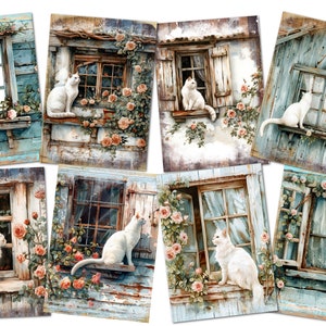 8 Rose Floral White Cat on Window Sill Card Toppers Scrap Book Tags Journal Cards