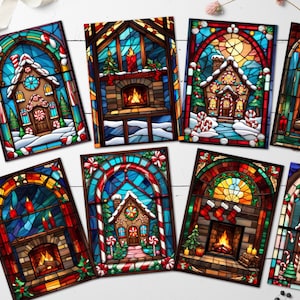 8 cheminées et maisons en pain d'épice de style vitrail de Noël Étiquettes ATC/Toppers Fabrication de cartes