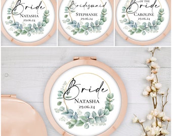 Personalised Rose Gold Eucalyptus Compact Pocket Mirror - Bride, Bridesmaid, etc