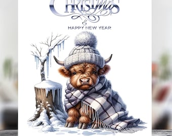 Personalised Highland Cow in Knitwear Christmas Greetings Card - Choose Size