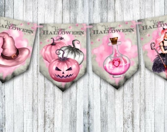Pink Halloween Witches and Pumpkins Bunting Party Decoration & Ribbon