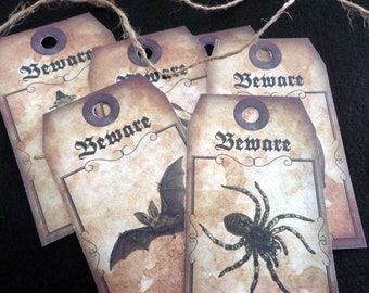 6 'Beware' Halloween Themed Vintage Style Gift Tags