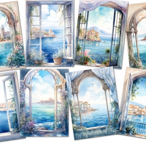 8 Mediterranean Sea View Windows Card Toppers Scrap Book Tags Journal Cards