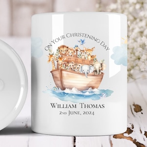 Personalised Noah&#39;s Ark Baby&#39;s 1st Money Christening Baptism Record Savings Jar