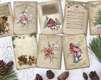 8 Traditional Vintage Shabby Style Assorted Christmas ATC Tags/Toppers