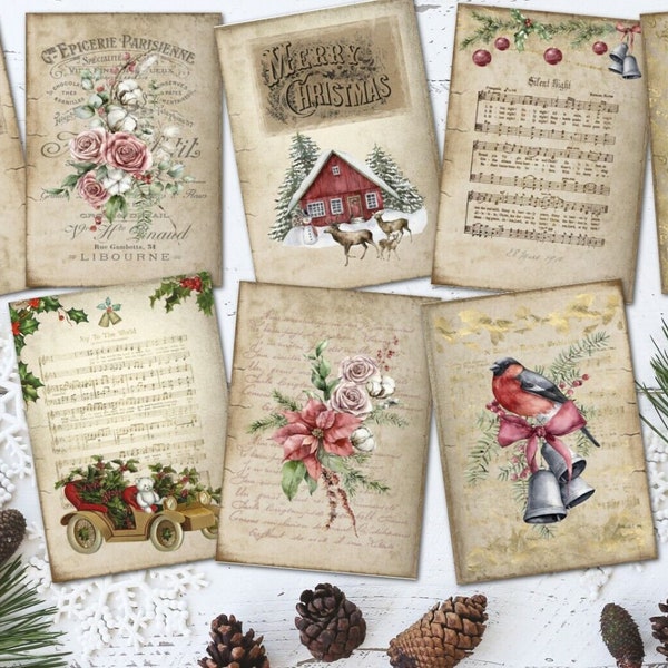 8 Traditional Vintage Shabby Style Assorted Christmas ATC Tags/Toppers