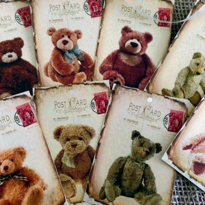 Set of 8 Vintage Style Tattered Postcard Teddy Bear Gift Tags & String
