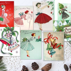 Juego de 8 etiquetas/adornos ATC navideños estilo retro vintage de los años 50 y 60