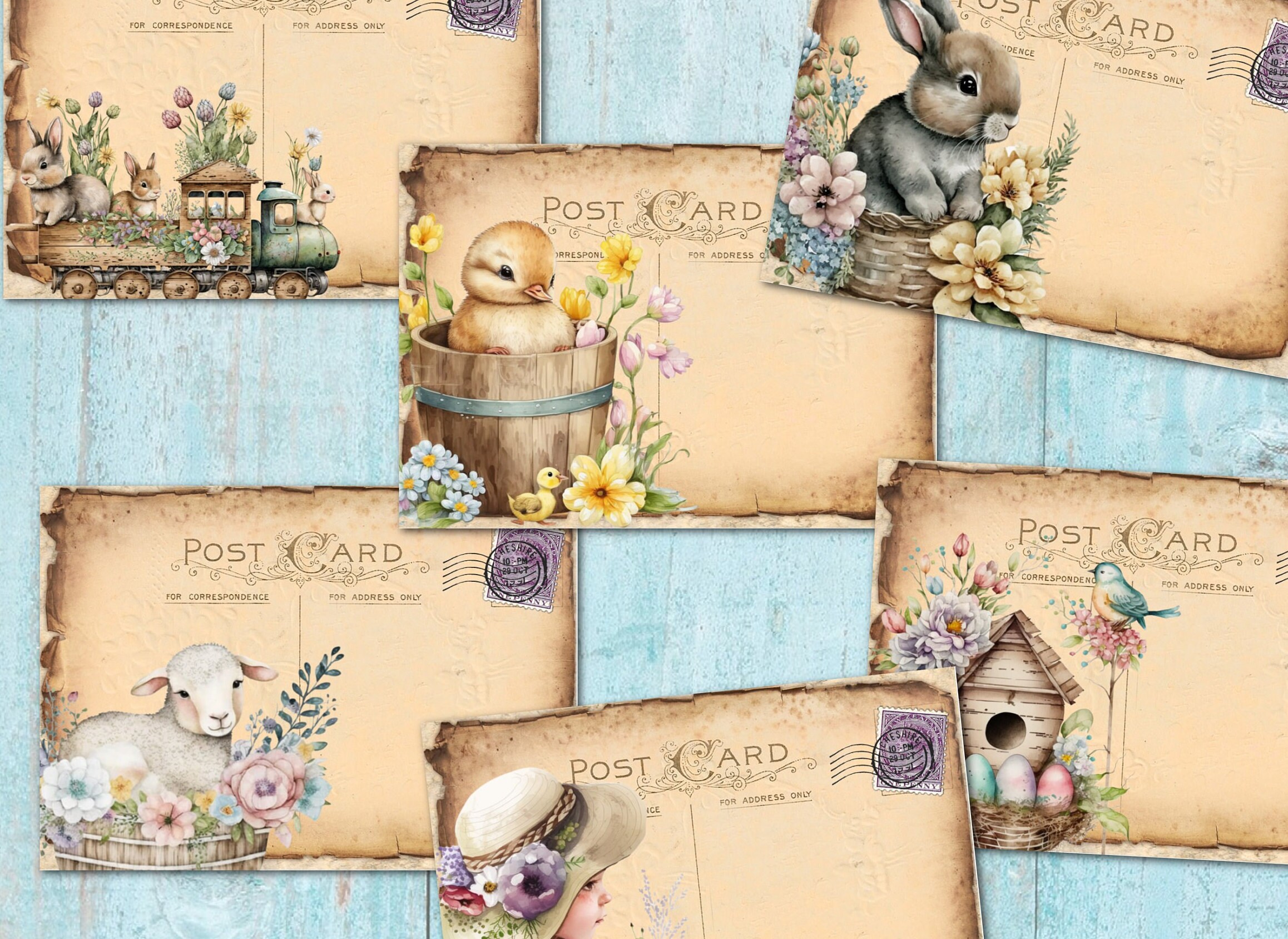 6 Ostern Postkarten Frühling Tiere Blumen Vintage Tatty Style