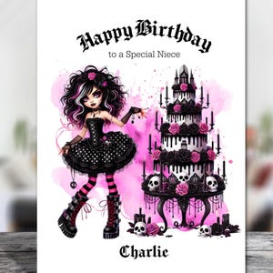 Tarjeta de cumpleaños personalizada con una chica gótica rosa y negra y un pastel (elige el tamaño)