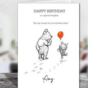 Biglietto di auguri di compleanno personalizzato con Winnie the Pooh, Pimpi e palloncino, carta lucida e busta marrone kraft - Scegli la dimensione e il destinatario