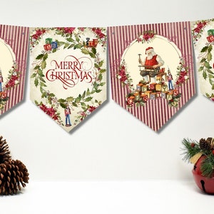 Vintage Style Merry Christmas Santa&#39;s Toy Workshop Bunting/Banner & Ribbon