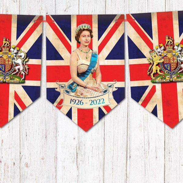 Queen Elizabeth II Bunting Vintage Style Union Jack Commemorating Her Majesty - *10% of all sales are donated to the Royal British Legion*
